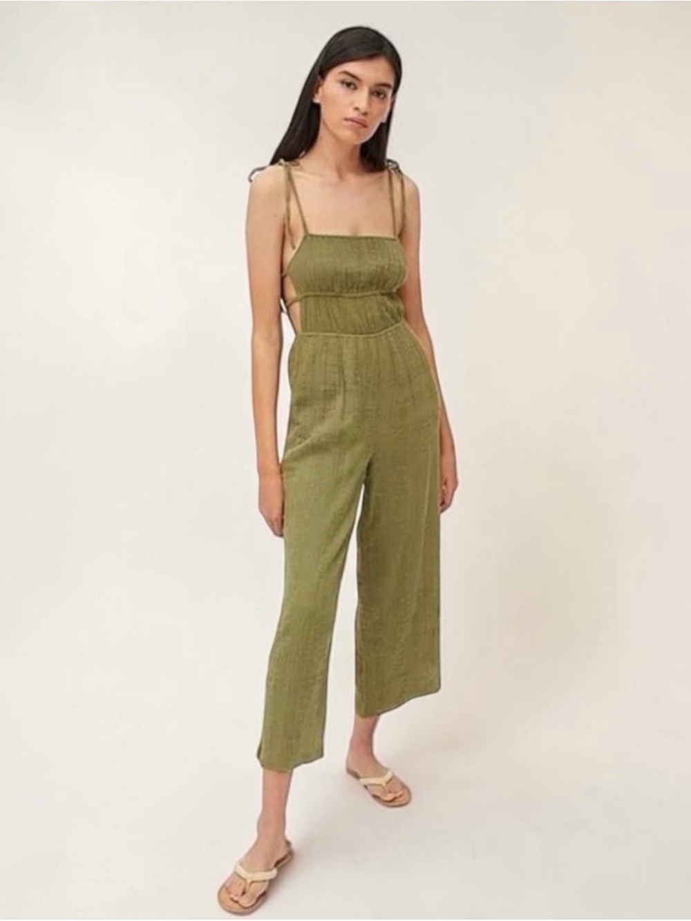Urban Outfitters Olive Green Tie-Shoulder Wide-Leg Jumpsuit
